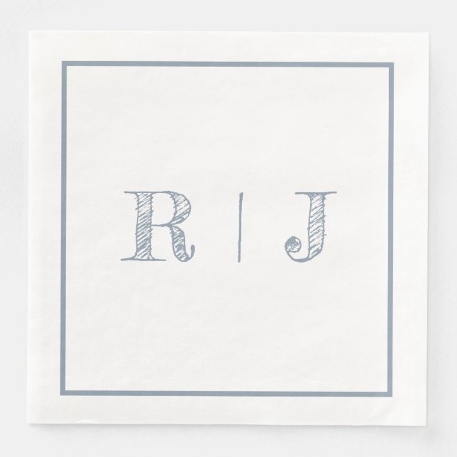 Serviette En Papier Monogrammes Initiales Dusty Blue Mariage moderne (Devant)