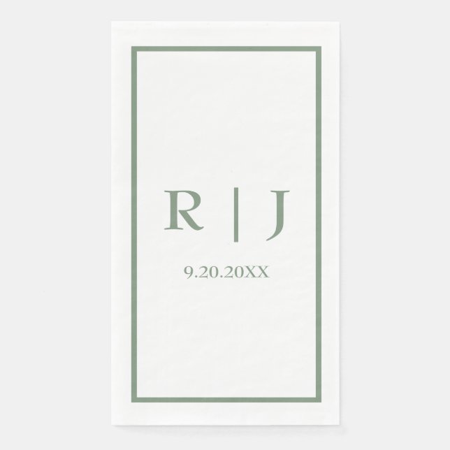 Serviette En Papier Monogrammes Vert Sauge Mariage Simple Élégant Clas (Devant)