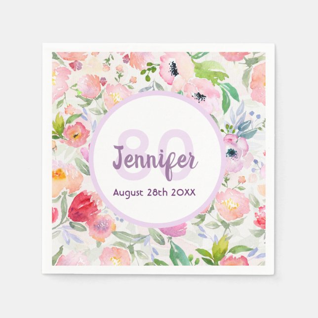 Serviette En Papier Monographie blanche de fleurs roses d'anniversaire (Devant)