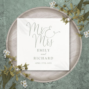 Serviette En Papier Monsieur et Madame Écriture Élégante Vert Sauge Ma