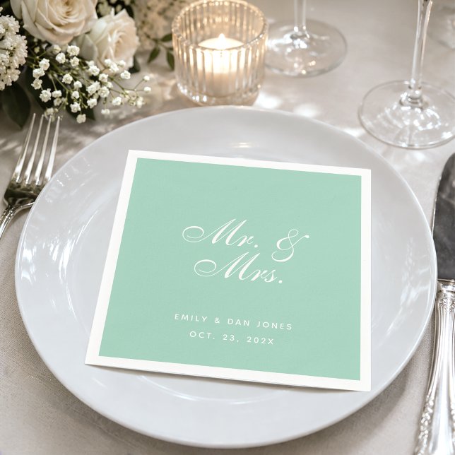 Serviette En Papier Monsieur et Madame Vert Menthe Mariage Simple Écri (Créateur téléchargé)