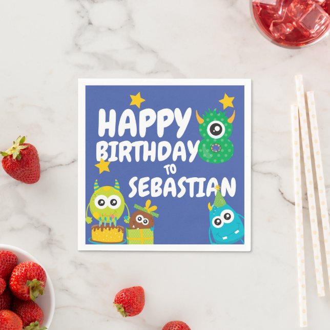 Serviette En Papier Monster Fun Huit Anniversaire Personnalisé (En situation)