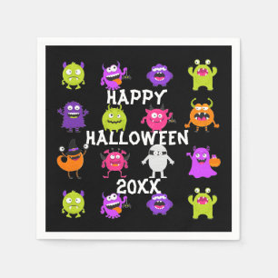 Serviette En Papier Monstres d'Halloween colorés sur noir