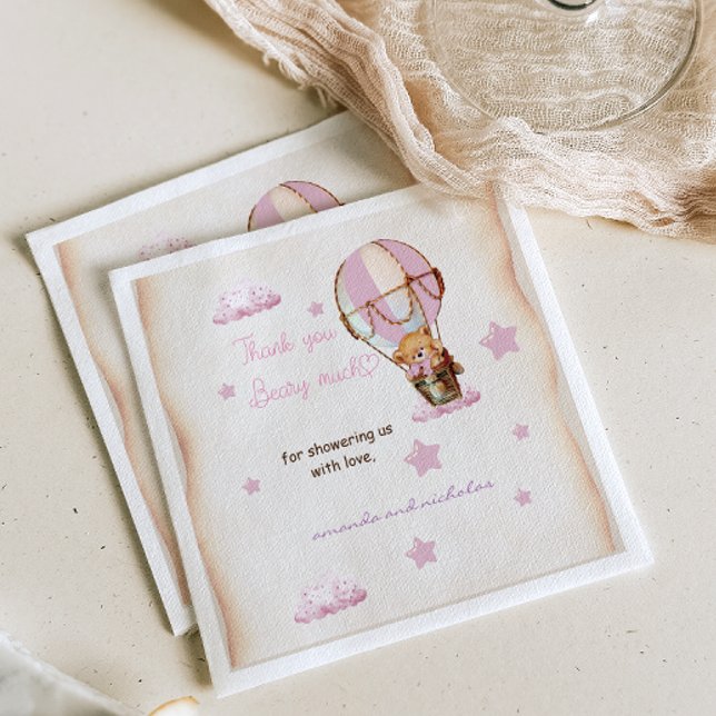 Serviette En Papier Montgolfière Bébé Ours Rose Beige Rustique (Créateur téléchargé)