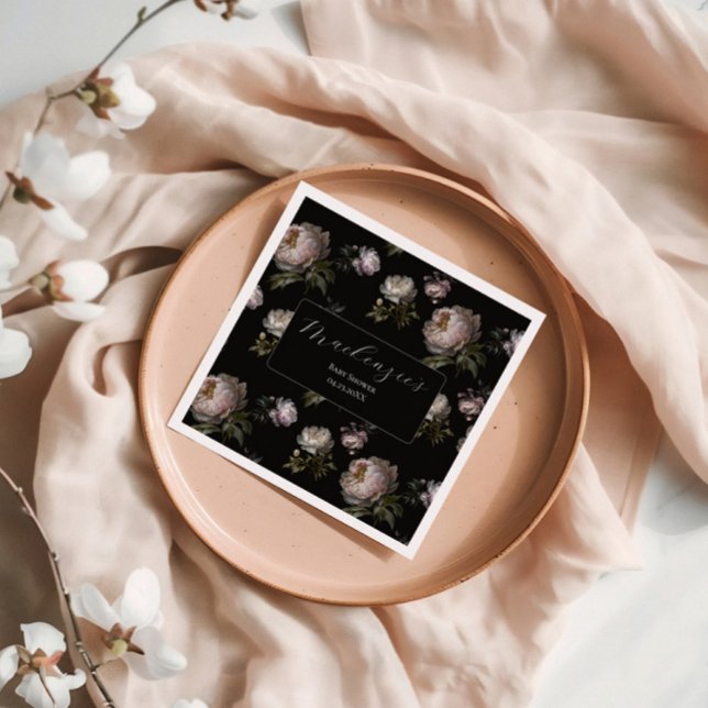 Serviette En Papier Moody Peony Flowers Baby Shower  (Party Napkin Moody Peony Baby Shower Collection)