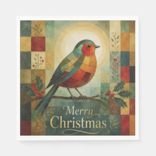 Serviette En Papier Mosaïque de Noël Robin Oiseau Houx Baie
