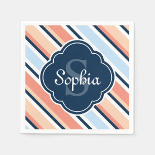 Serviette En Papier Motif à rayures inclinées de la marine corallienne