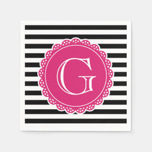 Serviette En Papier Motif à rayures noires Monogramme rose chaud