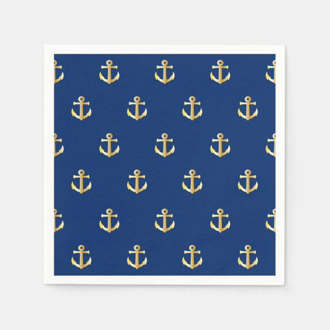 Serviette En Papier Motif Ancre Jaune Chic Gold sur bleu marine foncé (Devant)