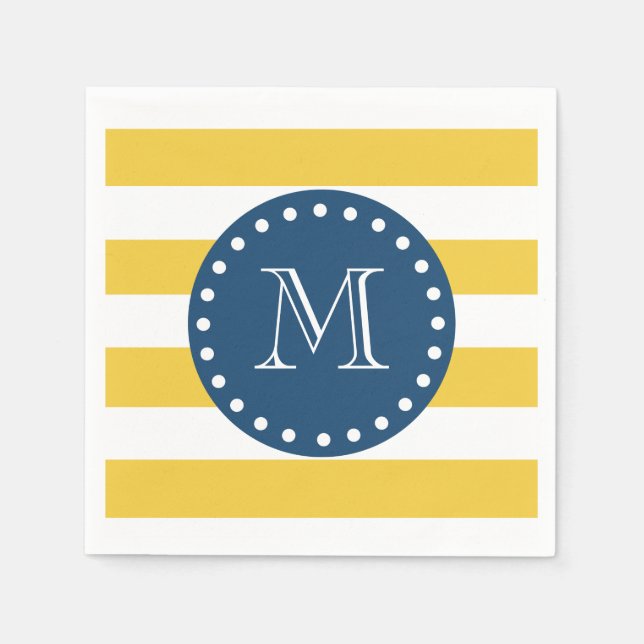Serviette En Papier Motif blanc jaune, Monogramme bleu marine (Devant)