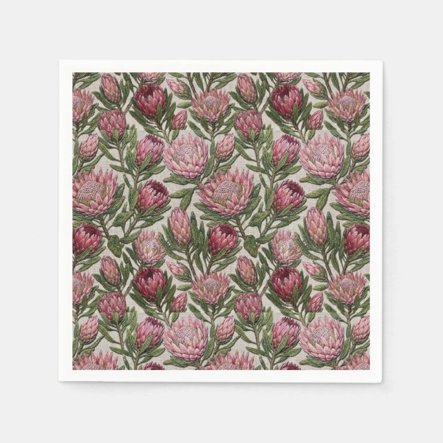 Serviette En Papier Motif botanique brodé de protée rose (Devant)