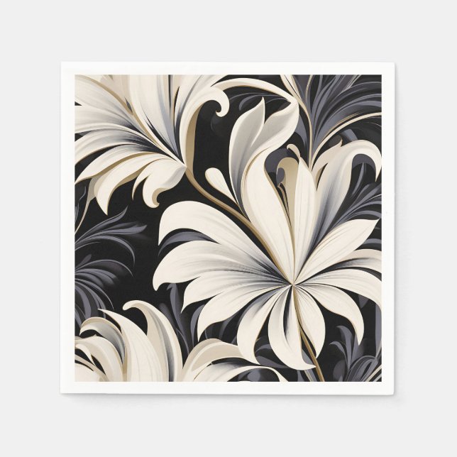 Serviette En Papier Motif botanique noir et blanc dynamique (Devant)