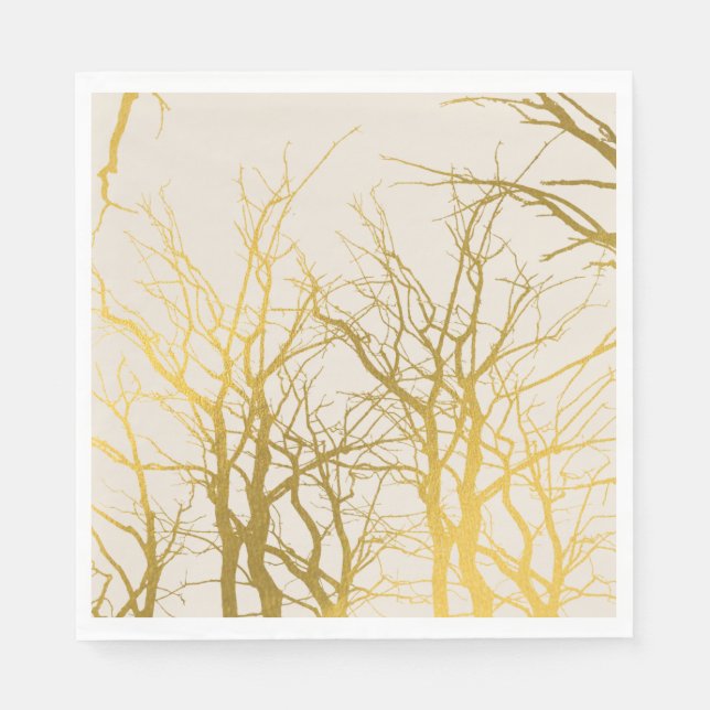 Serviette En Papier Motif Branches d'Arbre Doré Fond Beige  (Devant)