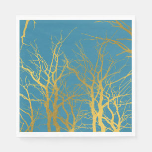 Serviette En Papier Motif Branches d'Arbre Doré Fond Bleu 