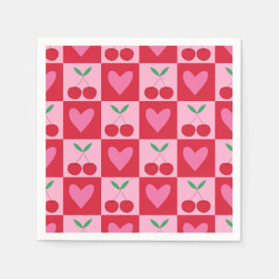 Serviette En Papier Motif Cerises à Carreaux avec Cœurs Roses