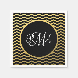 Serviette En Papier Motif Chevron Noir et Or Triple Monogramme