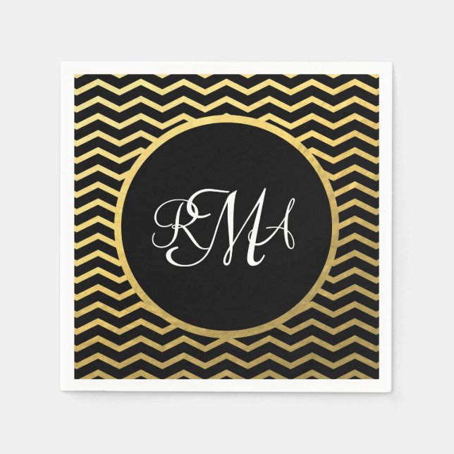 Serviette En Papier Motif Chevron Noir et Or Triple Monogramme (Devant)