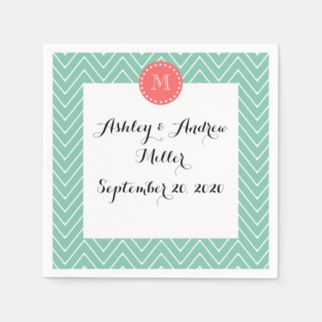 Serviette En Papier Motif Chevron vert Mint | Monogramme de corail (Devant)
