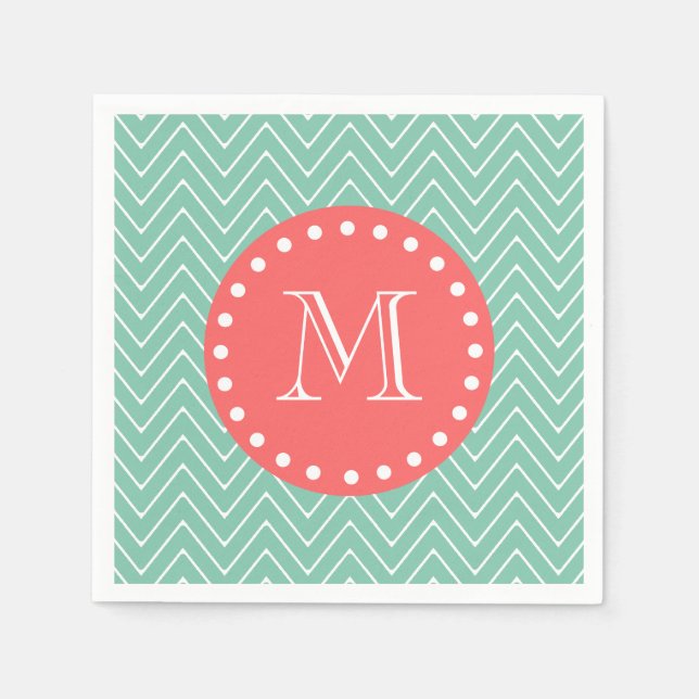 Serviette En Papier Motif Chevron vert Mint | Monogramme de corail (Devant)