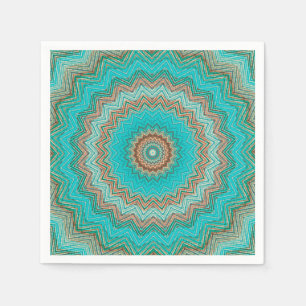 Serviette En Papier Motif circulaire turquoise, beige. Mandala.