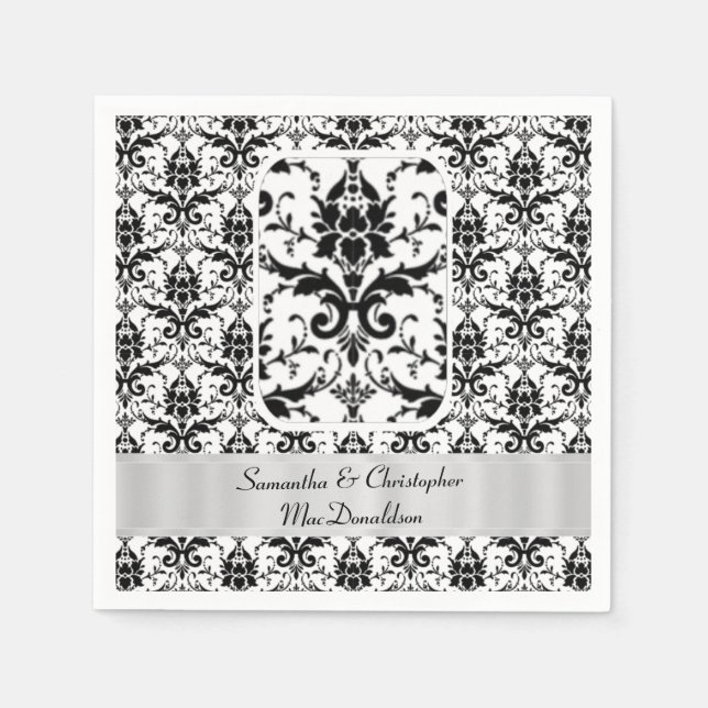 Serviette En Papier Motif damassé mariage noir et blanc (Devant)