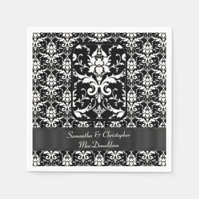 Serviette En Papier Motif damassé mariage noir et blanc (Devant)