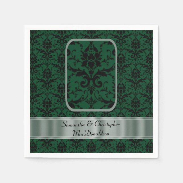 Serviette En Papier Motif damassé mariage noir et vert (Devant)