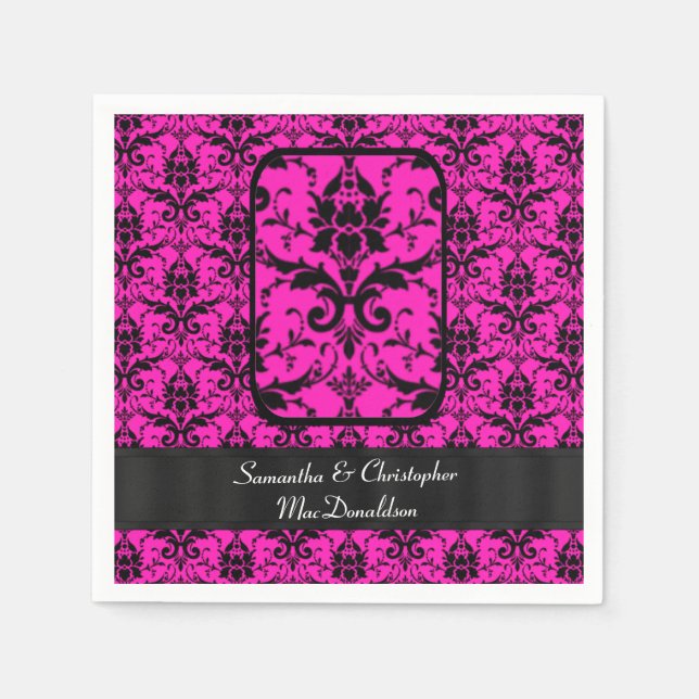 Serviette En Papier Motif damassé rose noir et fuchsia (Devant)