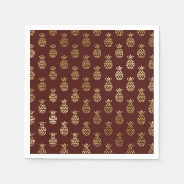 Serviette En Papier Motif d'ananas Bourgogne et d'huile d'or (Devant)