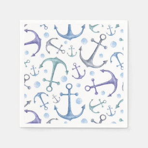 Serviette En Papier Motif d'ancrages bleu aquarelle. Plage nautique