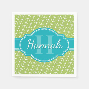 Serviette En Papier Motif d'Ancre blanc vert Turquoise Monogramme