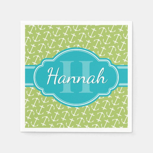 Serviette En Papier Motif d'Ancre blanc vert Turquoise Monogramme (Devant)