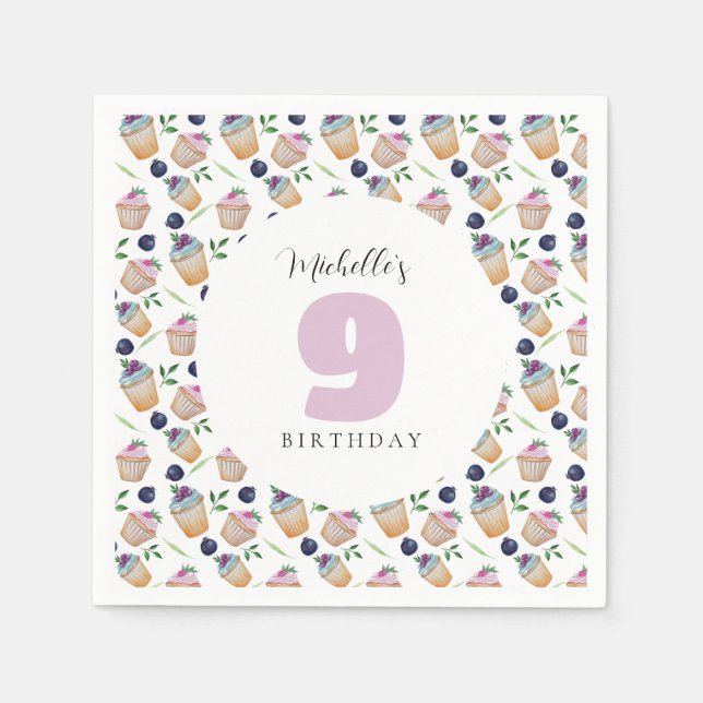 Serviette En Papier Motif d'aquarelle Blueberry Cupcakes (Devant)