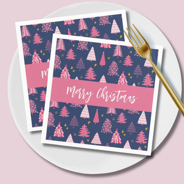Serviette En Papier Motif d'arbre de Noël rose bleu (Pink Christmas tree Merrcy Christmas Holiday Paper napkins on navy blue)