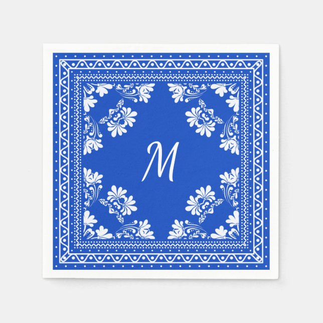 Serviette En Papier motif de bandana monogramme bleu et blanc (Devant)