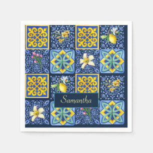 Serviette En Papier Motif de carreaux de méditerranée citrin bleu chic