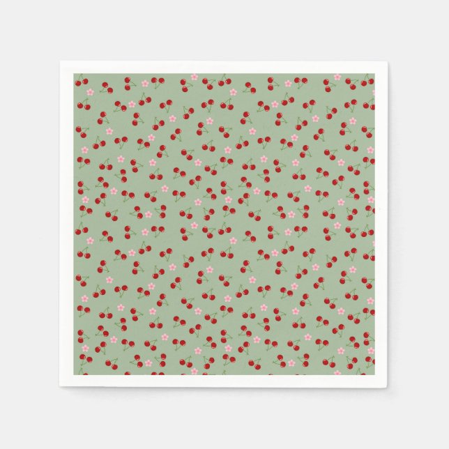 Serviette En Papier Motif de cerises sur fond vert (Devant)