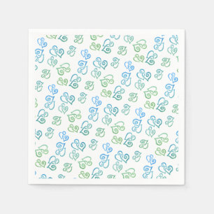 Serviette En Papier Motif de cœurs verts et bleus liés sur fond blanc