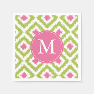 Serviette En Papier Motif de diamants d'Ikat rose et vert monogramme