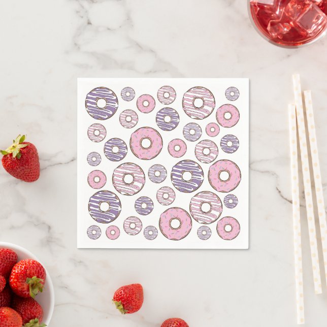 Serviette En Papier Motif De Donuts, Donuts Roses, Donuts Violets (En situation)