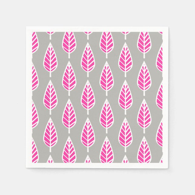Serviette En Papier Motif de feuille de hêtre - Rose fuchsia et argent (Devant)