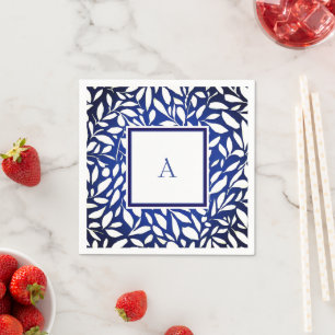 Serviette En Papier Motif de feuille de monogramme noir, blanc et bleu