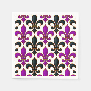 Serviette En Papier Motif de fleur de lis baroque noir violet 