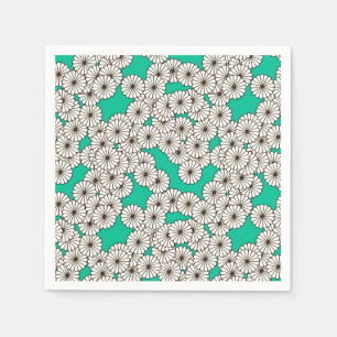 Serviette En Papier Motif de fleurs Art déco - blanc sur turquoise