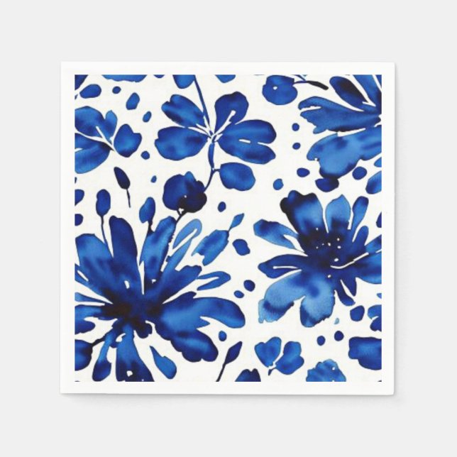 Serviette En Papier Motif de fleurs bleu marine (Devant)