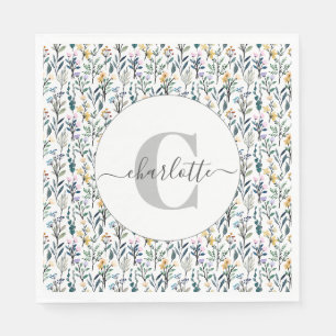 Serviette En Papier Motif de fleurs sauvages à l'aquarelle boho Monogr