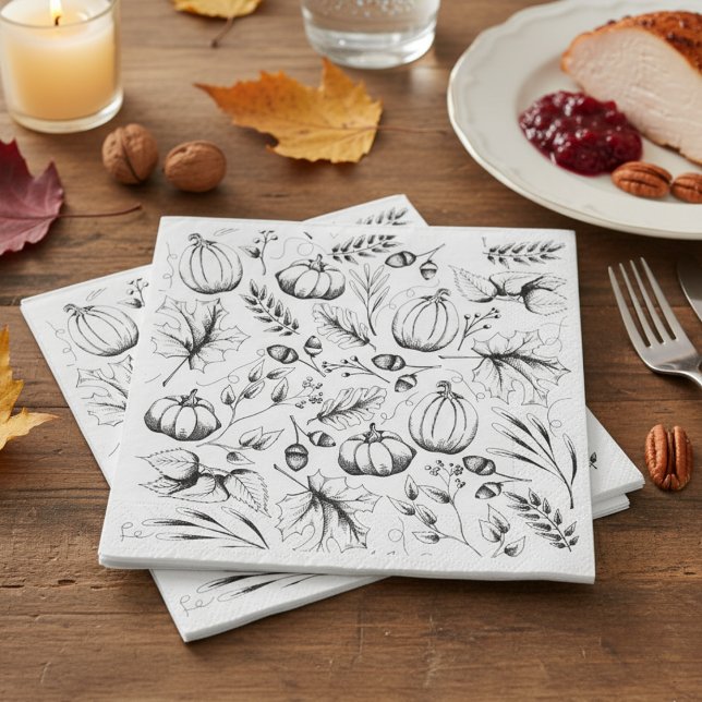 Serviette En Papier Motif de la chute noire et blanche Thanksgiving Pa (Elegant Fall Napkins Rustic Fall Harvest Pattern. Modern Black & White Pumpkin Autumn Leaves Berries)