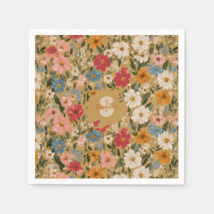 Serviette En Papier Motif de marguerite coloré vintage - moutarde