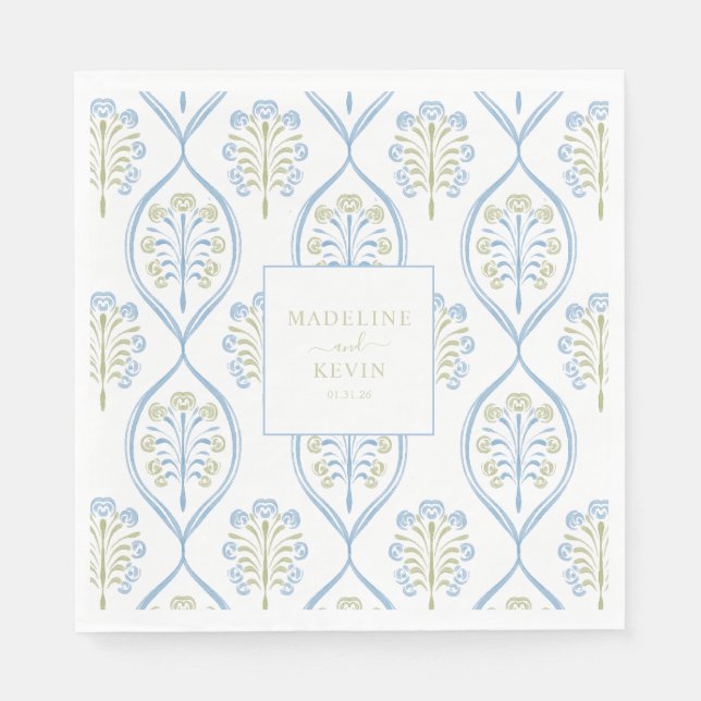 Serviette En Papier Motif de mariage floral bleu et vert sur mesure (Devant)
