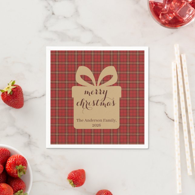 Serviette En Papier Motif de Noël Rouge Plaid - (En situation)